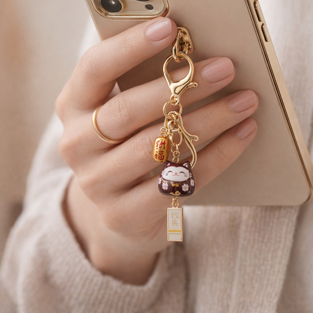 Metal Phone Charm Lucky Cat Design
