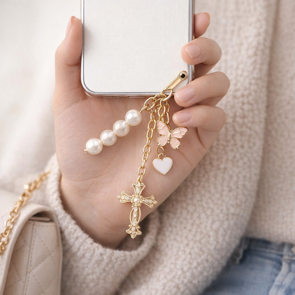Crystal Phone Chain Heart & Butterfly