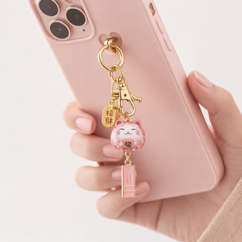 Metal Phone Charm Lucky Cat Design
