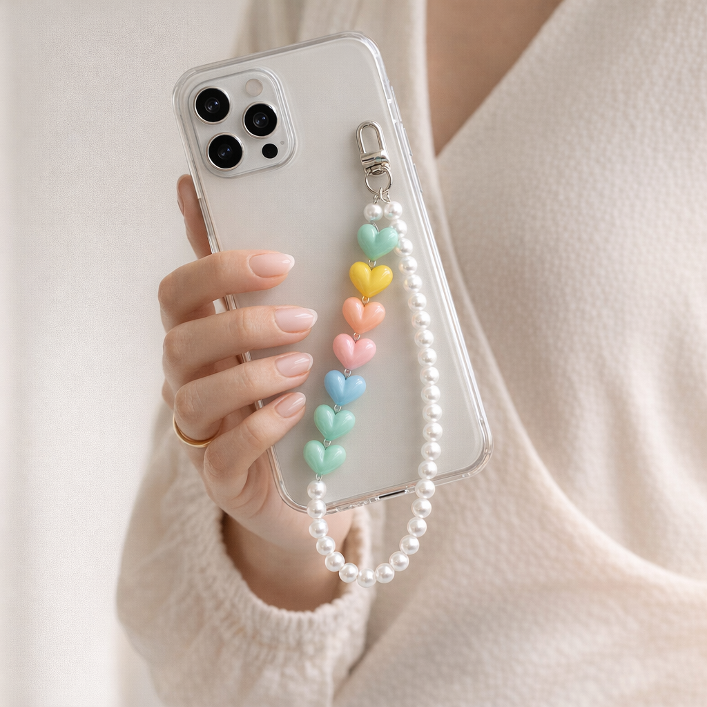 Pearl Phone Charm Colourful Hearts