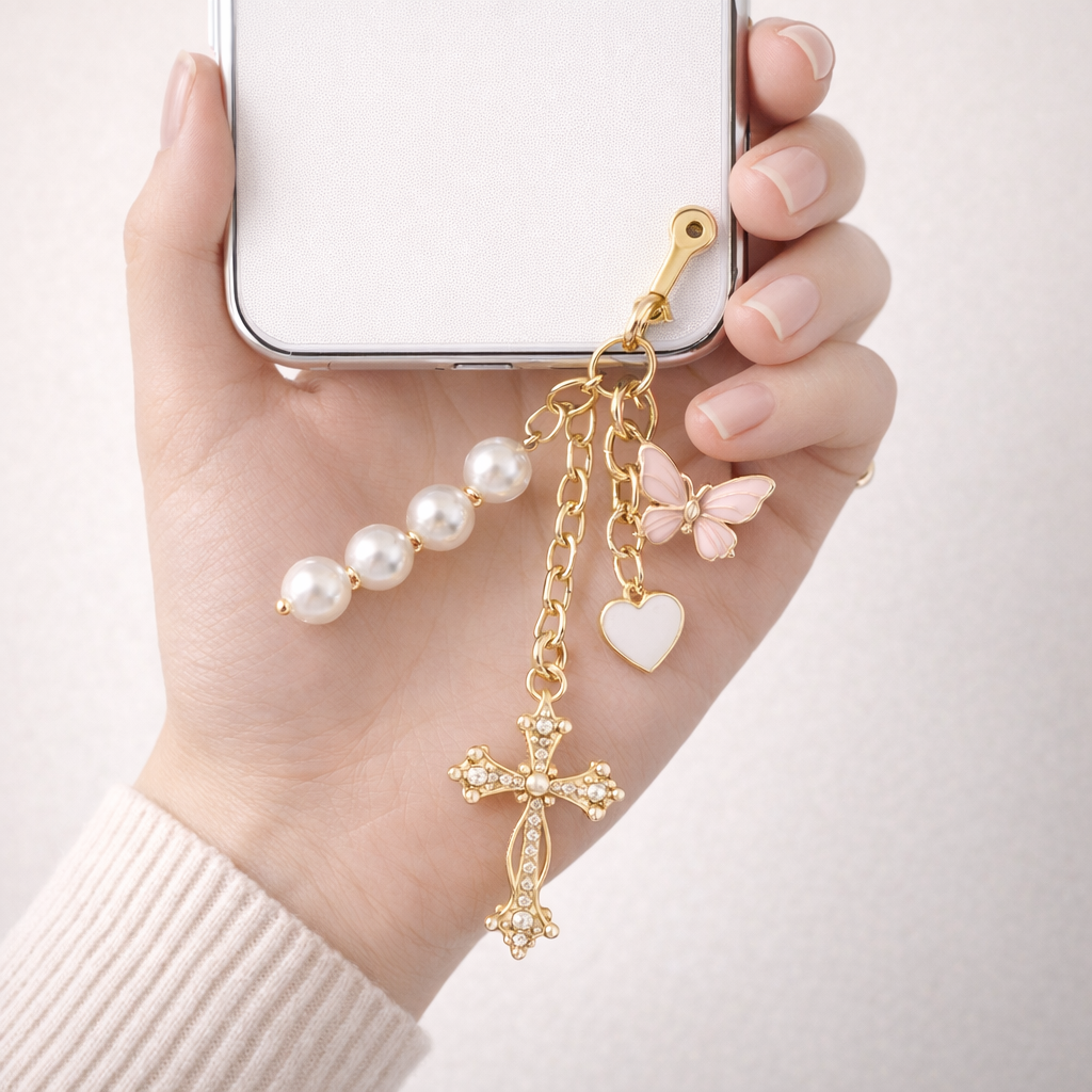 Crystal Phone Chain Heart & Butterfly