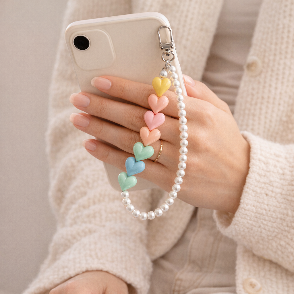 Pearl Phone Charm Colourful Hearts
