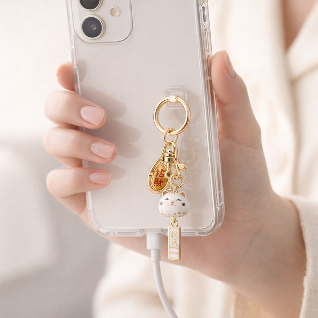 Metal Phone Charm Lucky Cat Design