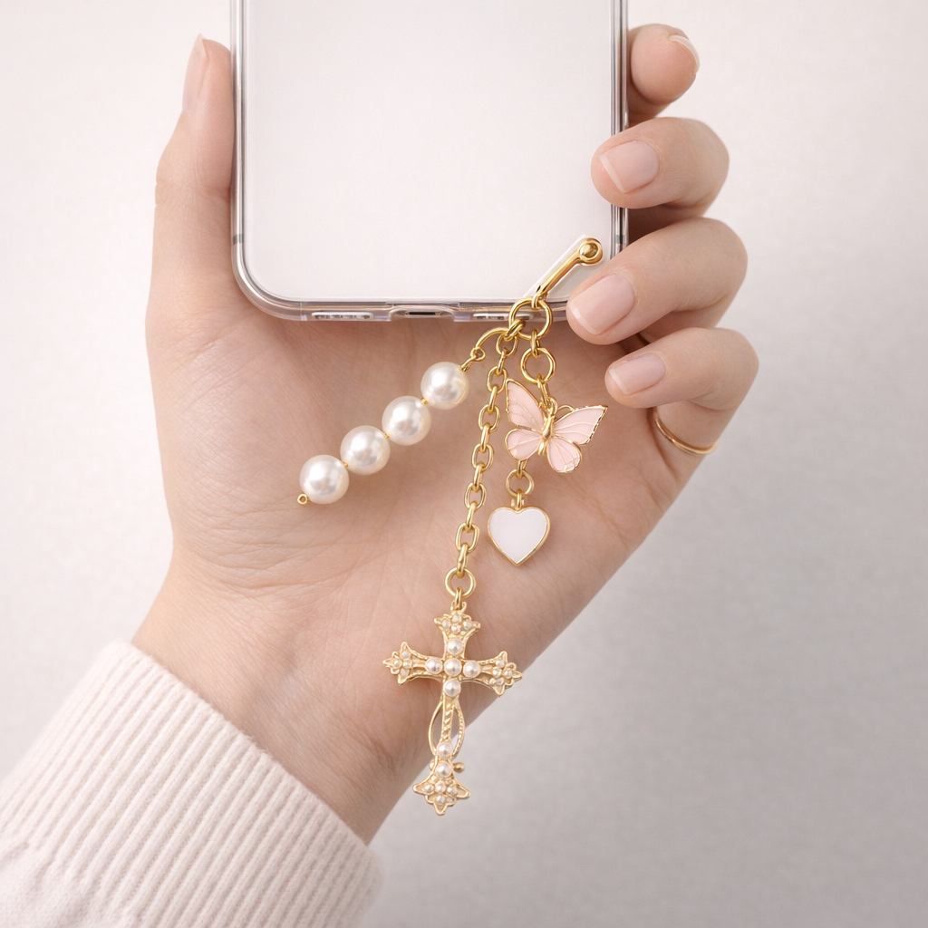 Crystal Phone Chain Heart & Butterfly