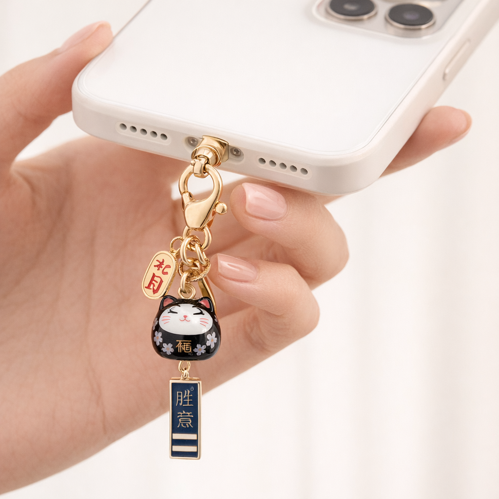 Metal Phone Charm Lucky Cat Design