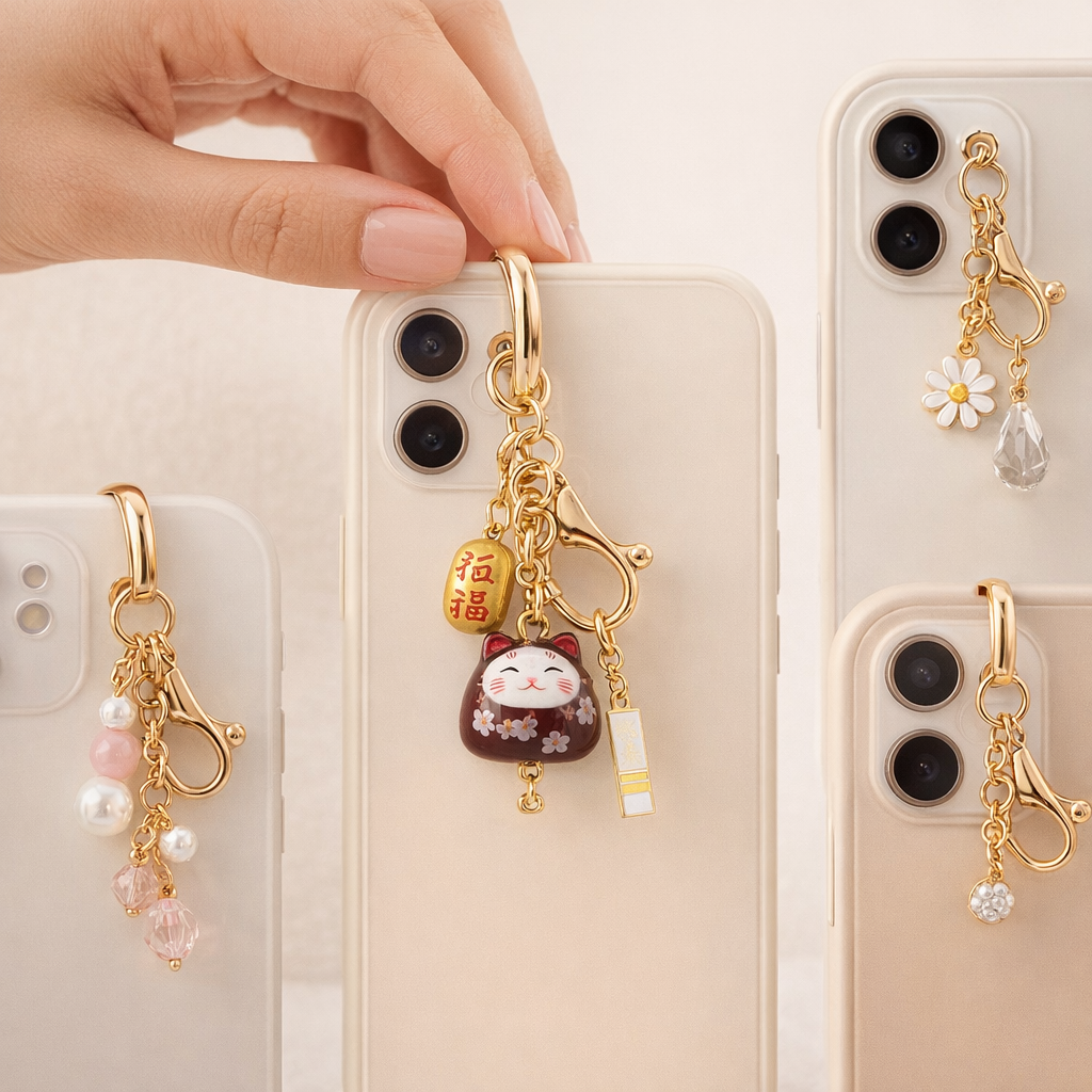 Metal Phone Charm Lucky Cat Design